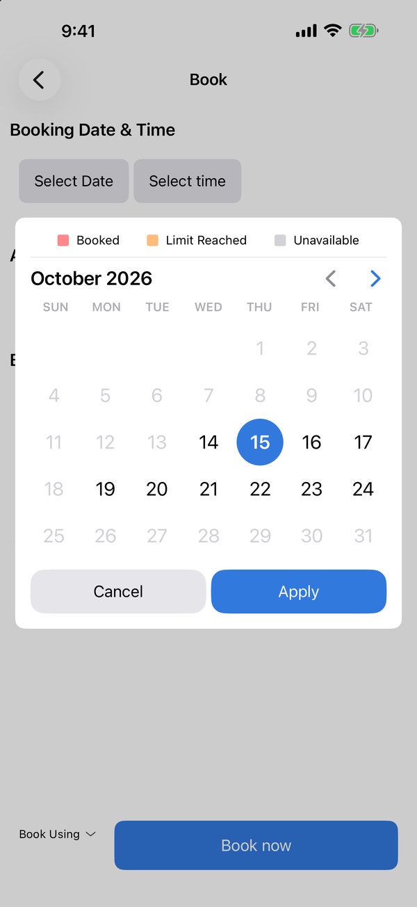 Pick a day; booked and unavailable days are marked
