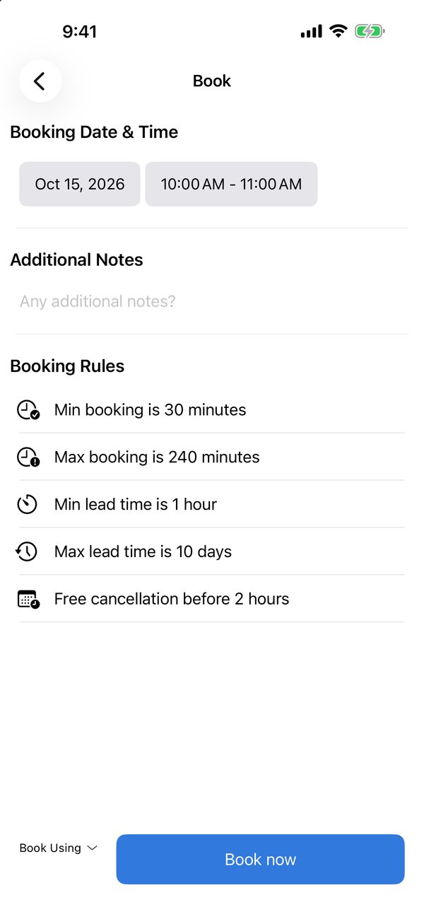 Review the booking rules, then book