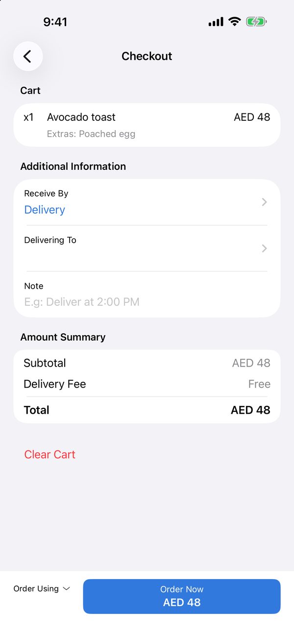 Choose delivery or pick-up and place the order