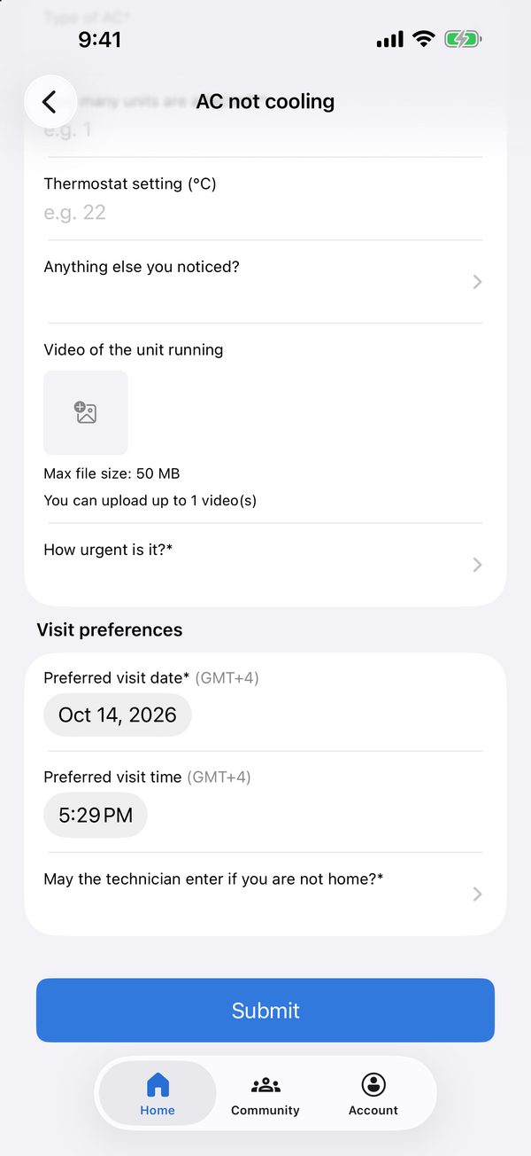 Choose a visit time and whether the technician can enter