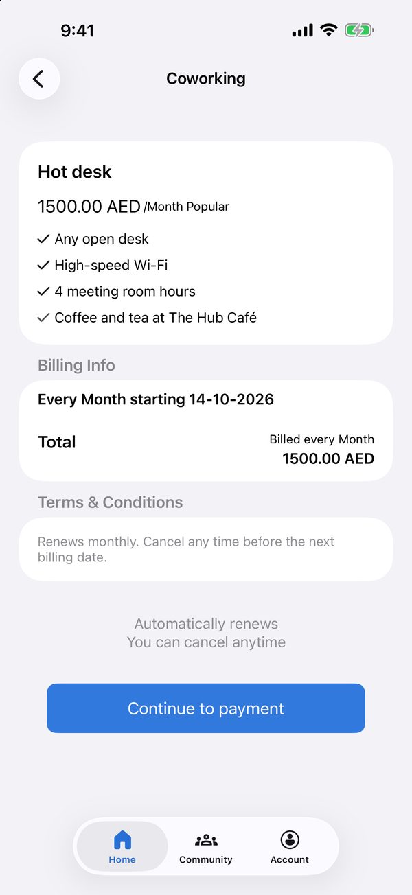 Check billing and terms, then continue to payment